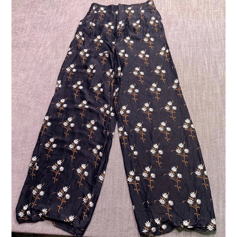 Anthropologie Wide Leg Trousers Womens 2 Black Floral Pleated Front Pants